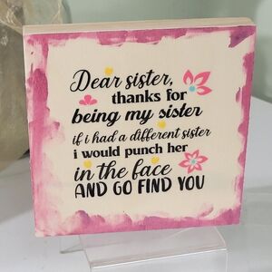 Handmade Wooden FUNNY SISTER Plaque Gift Colorful Design 5X5 FREE STAND